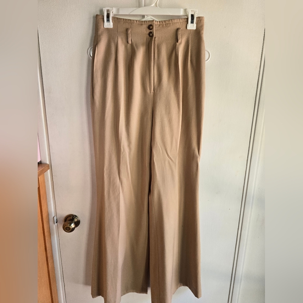 Jessica By Christopher Lai Vintage Stylish Tan Wide-Leg 100% Wool Trousers